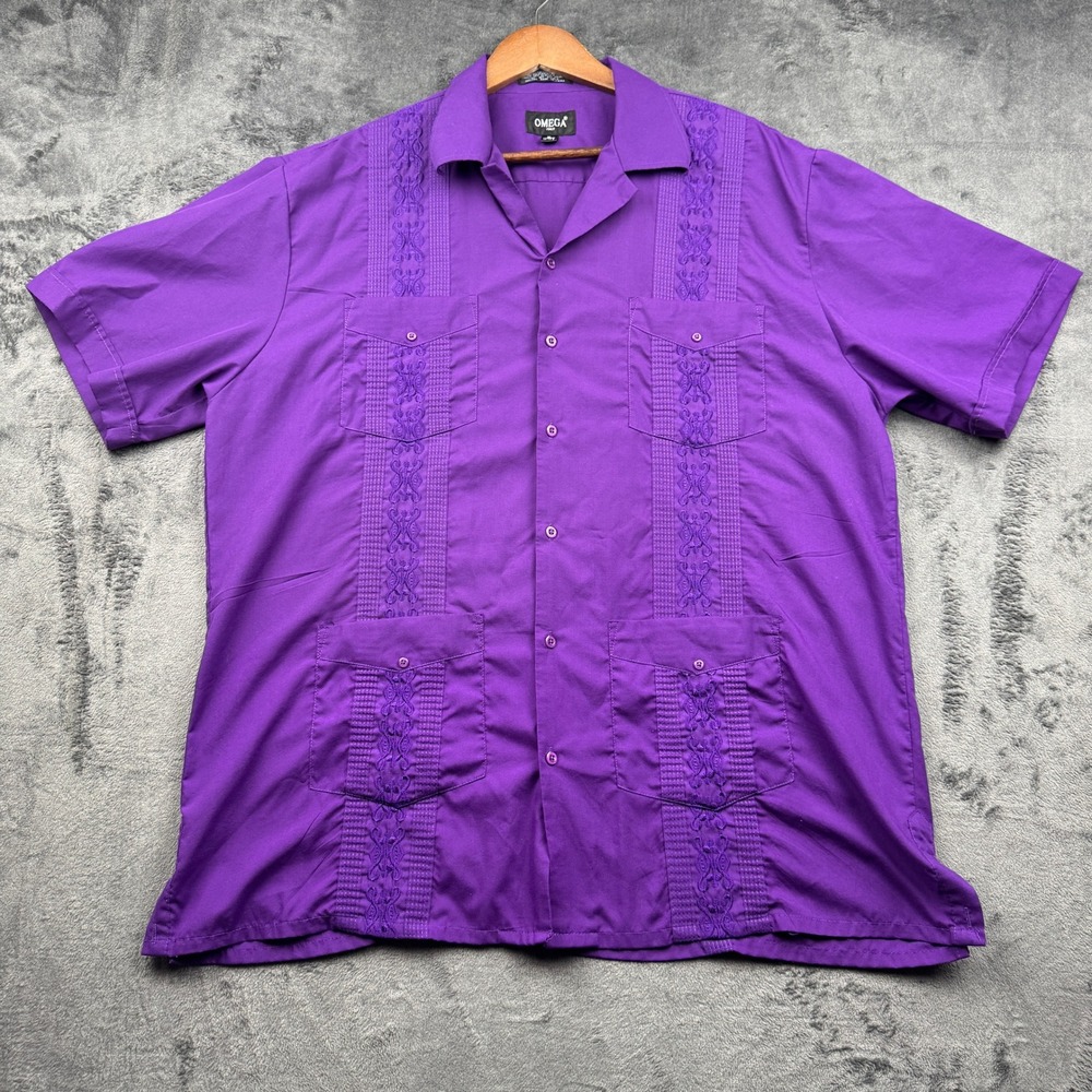 Omega Guayabera Shirt Mens XL Purple Embroidered Short Sleeve Excellent